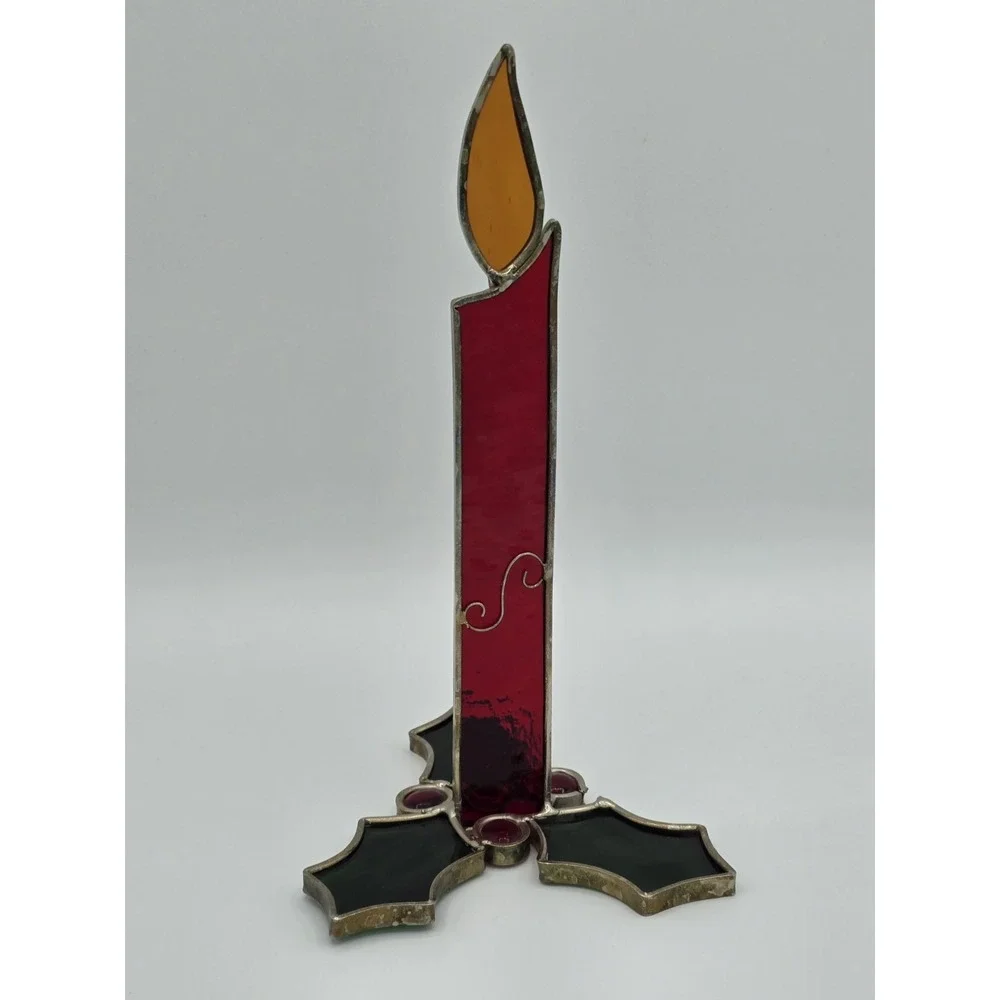 Vintage Stained Glass Christmas Holly & Candle Standing Centerpiece